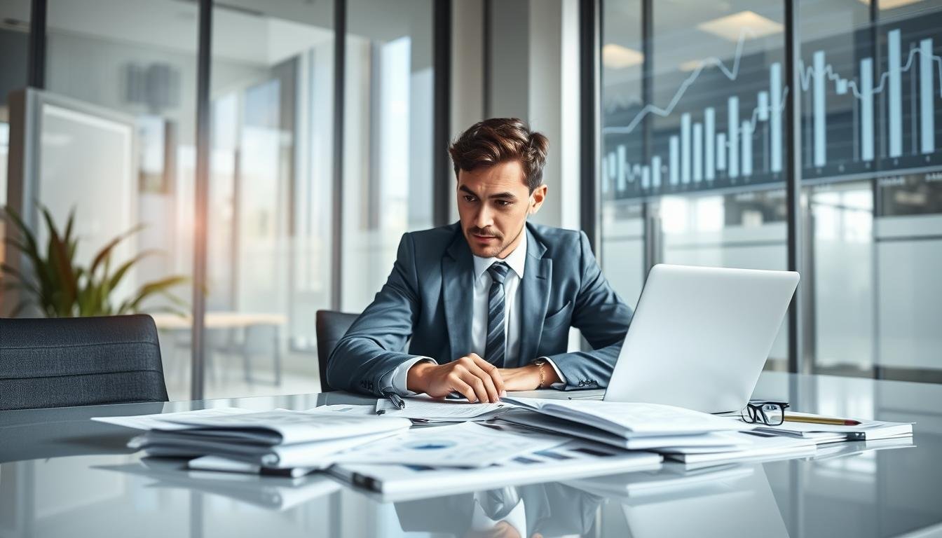 A professional and informative scene depicting audit services for small and medium enterprises. In the foreground, a well-dressed auditor is attentively reviewing financial documents spread across a sleek modern desk, with a focused expression on their face. In the middle, a laptop displays graphs and spreadsheets, symbolizing detailed financial analysis. Surrounding these elements, soft natural light spills in from a large window, illuminating the workspace and creating a calm atmosphere. In the background, abstract representations of spreadsheets and financial charts subtly blur, enhancing the focus on the auditor. The overall mood is one of professionalism and diligence, conveying the importance of accurate financial auditing for businesses.