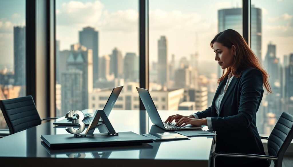 A professional scene illustrating "3A Entertainment Services" as a paragon of trust in online gaming, showcasing a modern office environment. In the foreground, a confident businesswoman in professional attire is typing on a laptop, symbolizing professionalism. The middle ground features a sleek desk with a shiny logo of "3A Entertainment" prominently displayed next to informational brochures on online safety and legitimacy. The background contains large windows revealing a bustling city skyline, bathed in warm daylight, creating an atmosphere of security and transparency. The overall mood is one of assurance and professionalism, emphasizing the mission of safeguarding players from online fraud. The composition should have soft lighting to create a welcoming ambiance, captured from a slightly elevated angle to provide depth.
