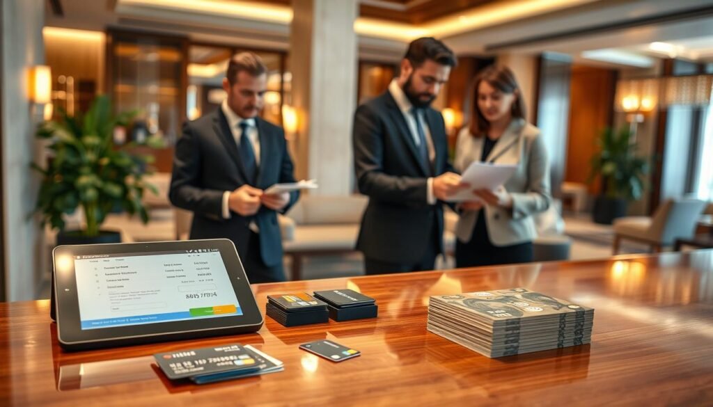 A sophisticated hotel reception scene focusing on the preparation for high-value spending. In the foreground, a polished wooden counter is adorned with a tablet displaying financial information and a neatly arranged stack of credit cards. A professional staff member dressed in business attire stands behind the counter, attentively reviewing a document with another guest. In the middle ground, elegant hotel decor is visible, with tasteful lighting casting a warm glow on modern furnishings. The background showcases a well-appointed lobby featuring luxurious seating, greenery, and soft ambient lighting, creating a welcoming atmosphere. The overall mood reflects professionalism and assurance, emphasizing the importance of credit verification and financial security in a hotel setting.