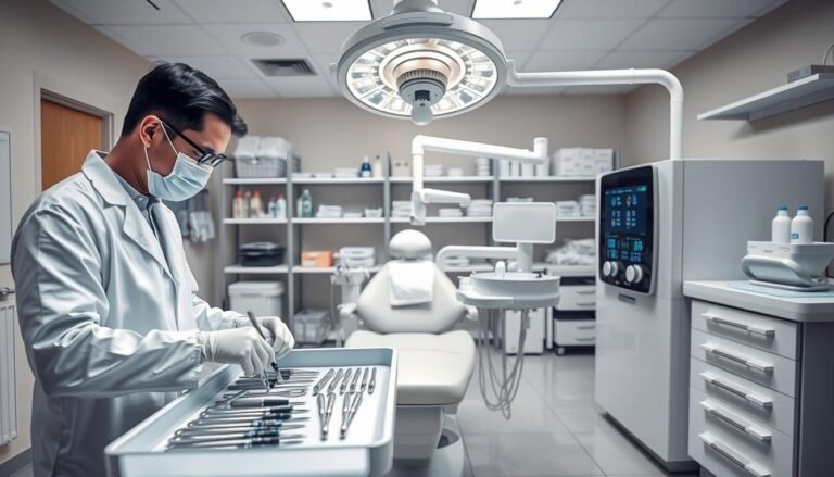 A sterile dental surgery room prepared for implant surgery, featuring modern dental equipment gleaming under bright, clinical lighting. In the foreground, a dental professional in a white coat and mask is arranging sanitized tools on a tray. The middle ground showcases a dental chair equipped with protective barriers and sterilization materials, along with a large sterilizer unit prominently displaying its digital controls. The background includes shelves lined with disinfectants and personal protective equipment, all meticulously organized. The atmosphere is calm and professional, emphasizing a commitment to hygiene and patient safety within a high-end dental center. Shot with a shallow depth of field to focus on the foreground activities while subtly blurring the background elements, the image captures the essence of advanced safety protocols in dental practices.