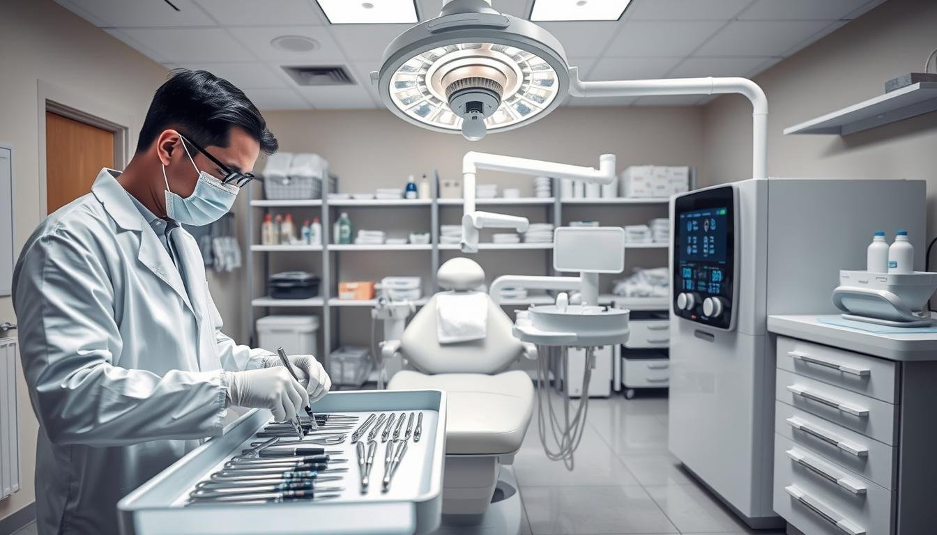 A sterile dental surgery room prepared for implant surgery, featuring modern dental equipment gleaming under bright, clinical lighting. In the foreground, a dental professional in a white coat and mask is arranging sanitized tools on a tray. The middle ground showcases a dental chair equipped with protective barriers and sterilization materials, along with a large sterilizer unit prominently displaying its digital controls. The background includes shelves lined with disinfectants and personal protective equipment, all meticulously organized. The atmosphere is calm and professional, emphasizing a commitment to hygiene and patient safety within a high-end dental center. Shot with a shallow depth of field to focus on the foreground activities while subtly blurring the background elements, the image captures the essence of advanced safety protocols in dental practices.