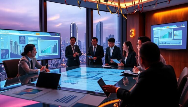A vibrant scene depicting the "3A Entertainment City Annual Gala Planning." In the foreground, a modern boardroom table with charts and digital screens displaying data analytics, emphasizing transparency and fairness in prize draws. In the middle, a diverse group of professionals in business attire engaged in discussion, showcasing teamwork and strategic thinking. One person holds a tablet, another points at a projected graph. The background features a large window with city skyline views, bathed in warm evening light, creating a festive atmosphere. Soft ambient lighting accentuates the seriousness of the meeting while hints of celebratory decorations, like streamers, are subtly integrated. The overall mood is focused yet celebratory, reflecting the importance of compliance in event planning.