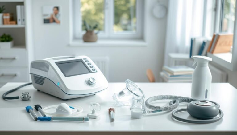 A clean and organized workspace showcasing a respiratory sleep machine cleaning guide. In the foreground, a well-lit table featuring a sleek, modern sleep apnea machine with its detachable components, like masks and tubes, neatly arranged. Tools and cleaning agents, such as brushes and disinfectant wipes, are also present, emphasizing the cleaning process. The middle ground includes a bright window allowing natural light to flood the scene, creating an inviting atmosphere. In the background, soft-focus images of health-related items, like a stethoscope and medical books, hinting at the importance of respiratory care. The overall mood is clean, informative, and professional, with a focus on the significance of maintaining hygiene in sleep therapy equipment. Lighting is bright and airy, captured from a top-down angle to emphasize clarity and organization.