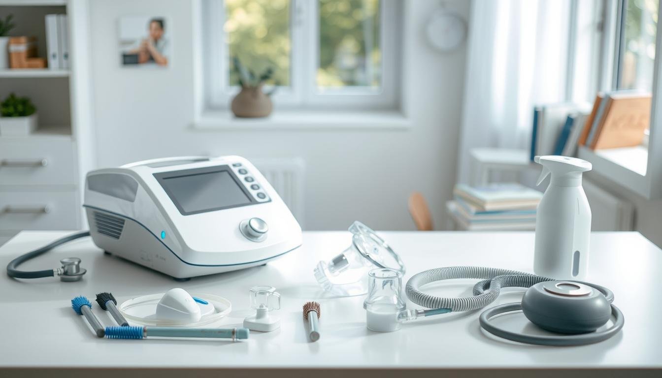 A clean and organized workspace showcasing a respiratory sleep machine cleaning guide. In the foreground, a well-lit table featuring a sleek, modern sleep apnea machine with its detachable components, like masks and tubes, neatly arranged. Tools and cleaning agents, such as brushes and disinfectant wipes, are also present, emphasizing the cleaning process. The middle ground includes a bright window allowing natural light to flood the scene, creating an inviting atmosphere. In the background, soft-focus images of health-related items, like a stethoscope and medical books, hinting at the importance of respiratory care. The overall mood is clean, informative, and professional, with a focus on the significance of maintaining hygiene in sleep therapy equipment. Lighting is bright and airy, captured from a top-down angle to emphasize clarity and organization.
