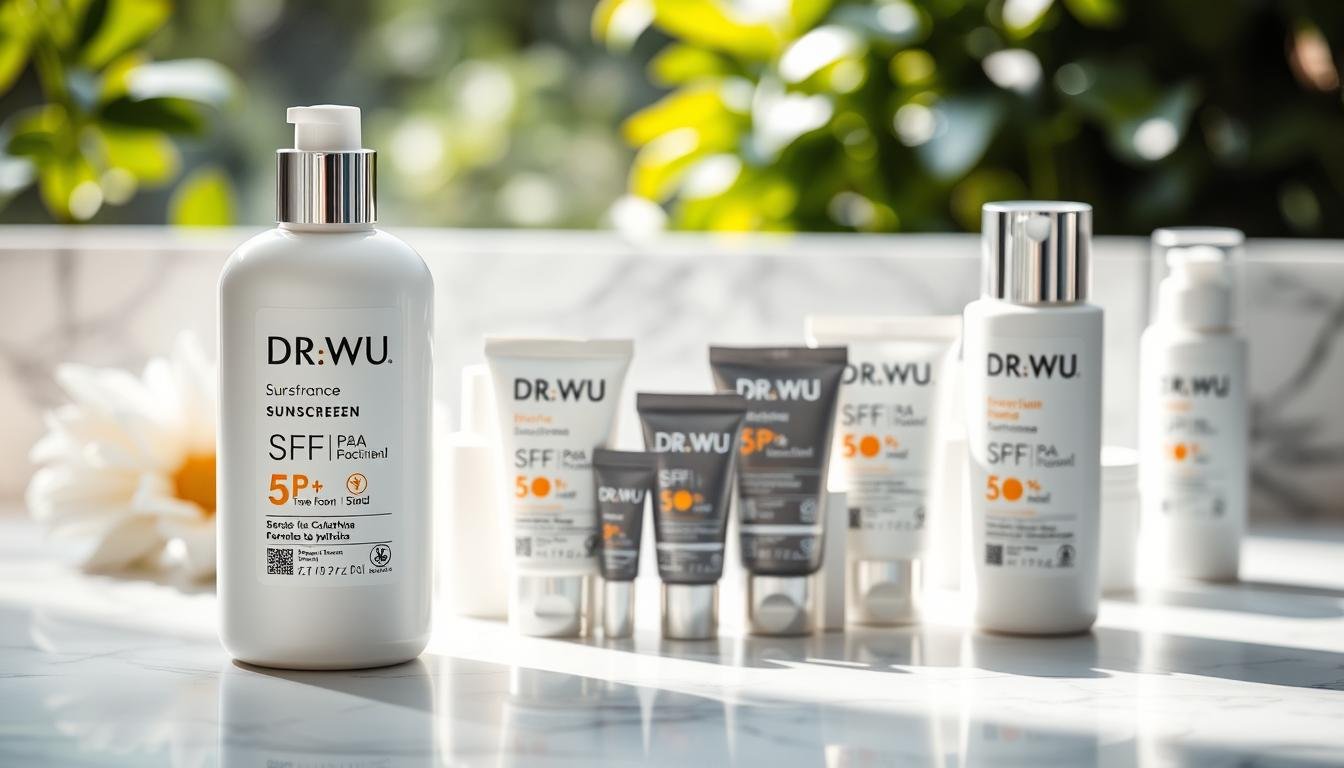 A close-up arrangement of various DR.WU sunscreen products displayed on a clean white marble background. The foreground showcases two featured bottles—the DR.WU sunscreen with SPF and PA ratings prominently featured on the labels. In the middle area, arrange smaller tubes and sample sizes of DR.WU sunscreens artistically, with soft, diffused natural light illuminating them, creating a fresh, inviting atmosphere. In the background, add a subtle hint of lush greenery slightly blurred, suggesting an outdoor setting ideal for sun protection. The overall mood should reflect a sense of professionalism and elegance, perfect for a skincare analysis article. The composition should be well-balanced, making the products the focal point without any text or graphics present.