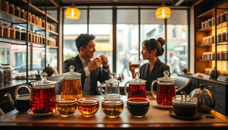 A cozy tea selection guide set in Taichung, featuring a beautifully arranged table with an assortment of translucent tea vessels showcasing various colored teas. In the foreground, a stylishly dressed couple, casually sipping tea, engage in conversation with warm smiles. The middle ground captures an inviting tea shop ambiance, with shelves lined with jars of loose-leaf teas and elegant tea accessories. Soft, golden lighting floods the scene, creating a warm and intimate atmosphere, enhancing the romance of the moment. In the background, large windows reveal a glimpse of the bustling streets of Taichung, blurred slightly to draw focus to the tea selection. The composition is framed in a soft 4:3 aspect ratio, exuding a cozy and cinematic vibe.