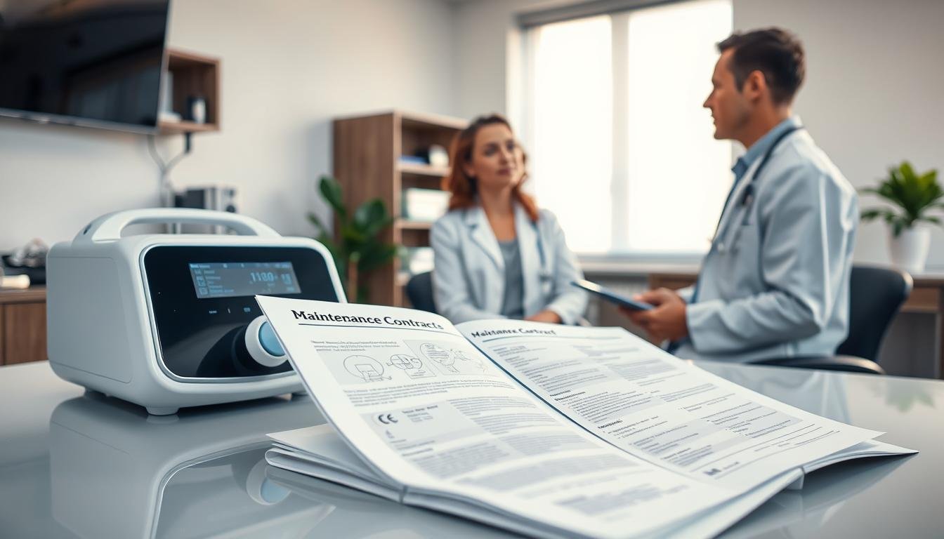A modern medical office setting featuring a sleek sleep apnea machine prominently displayed on a clean, polished desk. In the foreground, a well-organized maintenance contract folder is opened, with detailed diagrams and text visible, suggesting technical specifications. In the middle ground, a healthcare professional in a white coat is discussing with a patient who looks interested and engaged. Soft, natural lighting filters in through a nearby window, creating a calm and inviting atmosphere. The background includes neatly arranged medical equipment and a potted plant, adding a touch of life to the scene. The overall mood is professional yet approachable, emphasizing the importance of care and maintenance for sleep apnea devices.