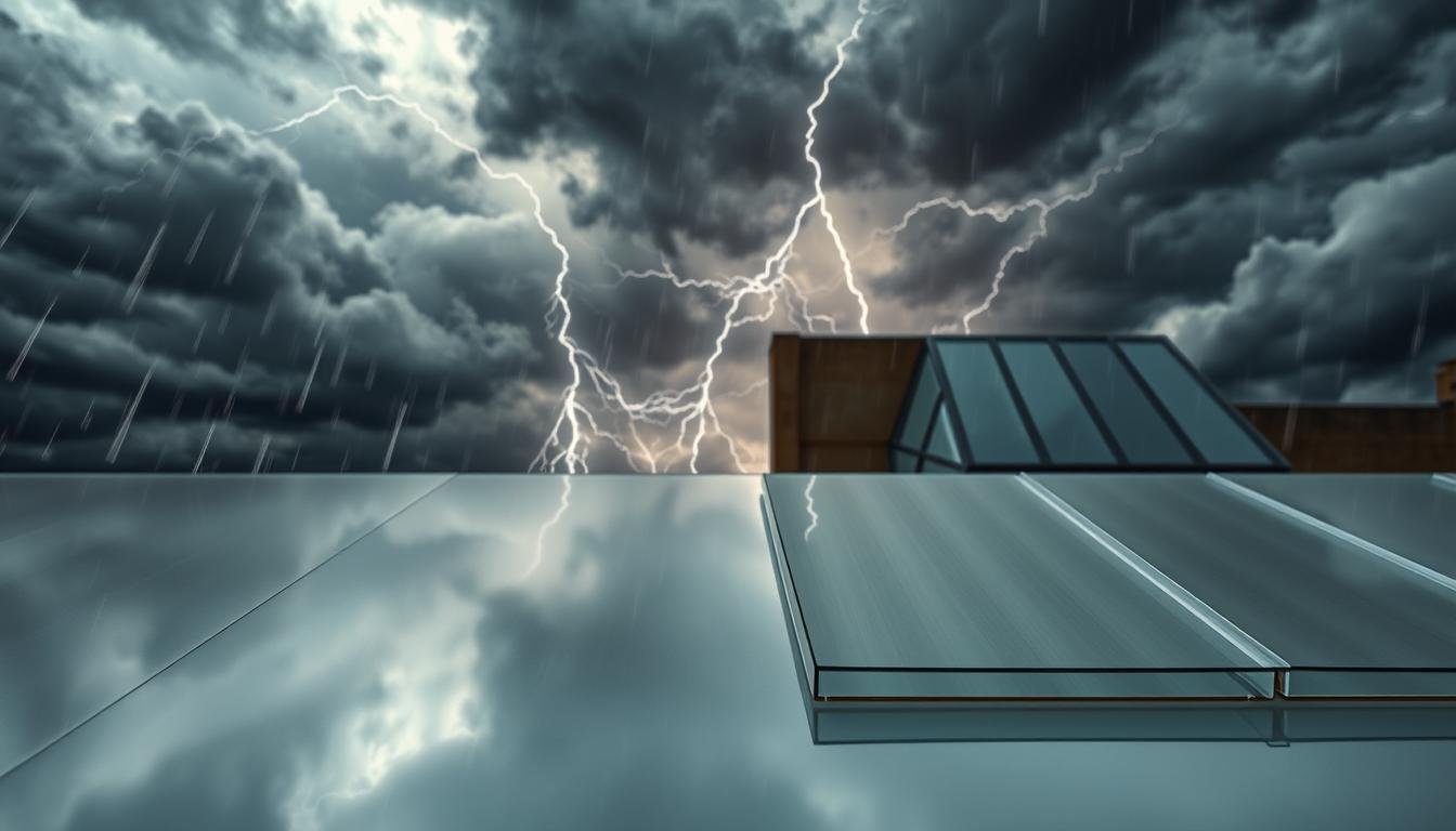 Flat polycarbonate sheets set against a dramatic backdrop of extreme weather conditions. In the foreground, the glossy surface of the sheets reflects swirling dark storm clouds and heavy rain, showcasing their durability. The middle ground reveals the polycarbonate panels positioned on a building facade, slightly bent from gusty winds, but still intact. In the background, a lightning storm rages, illuminating the sky with flashes of light, contrasting with the dark clouds. The scene is captured using a wide-angle lens to emphasize the scale of the weather and the resilience of the materials. The mood is tense and dynamic, highlighting the harshness of nature and the strength of polycarbonate against extreme elements. The lighting is moody, with stark contrasts between shadows and highlights on the sheets.