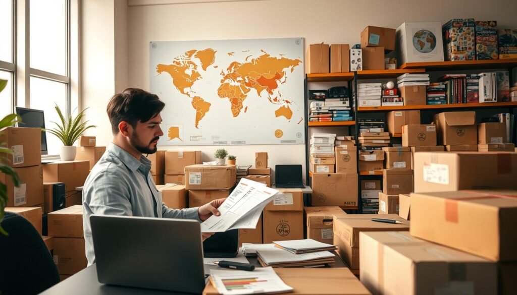 A professional and inviting office setting, filled with various shipping boxes and packages showcasing American products from electronics to fashion. In the foreground, a business professional in modest casual clothing is analyzing shipping charts and cost calculations, surrounded by a laptop and a notepad cluttered with notes. In the middle ground, a large world map is pinned on the wall with routes highlighted, emphasizing international shipping. The background features shelves neatly stacked with diverse American goods, subtly hinting at the theme of cost-effective purchasing. The lighting is bright and warm, creating an atmosphere of productivity and efficiency, and the image is captured from a slightly elevated angle to give depth.