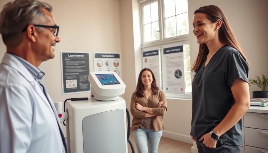 A bright, professional clinic setting with a focus on laser hair removal safety considerations. In the foreground, a well-dressed medical professional wearing scrubs is discussing with a client, both looking calm and attentive. The client, in modest casual clothing, appears relaxed and informed. In the middle ground, a state-of-the-art laser hair removal machine is visible, surrounded by safety equipment and educational posters about treatment precautions. The background features soft, neutral colors and natural lighting from large windows, creating a welcoming atmosphere. The overall mood is reassuring and clinical, emphasizing safety and professionalism in the beauty treatment process. Perfect angle to capture both the interaction and the technology.