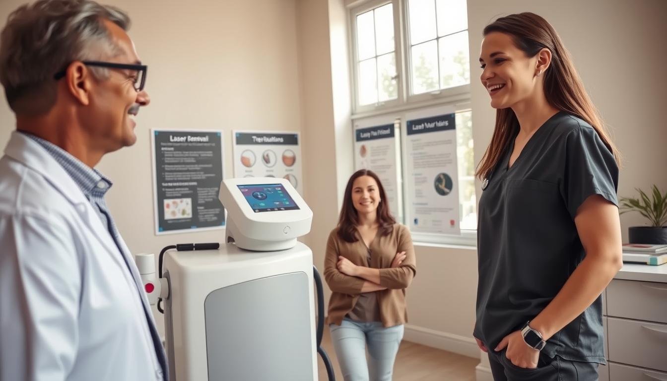 A bright, professional clinic setting with a focus on laser hair removal safety considerations. In the foreground, a well-dressed medical professional wearing scrubs is discussing with a client, both looking calm and attentive. The client, in modest casual clothing, appears relaxed and informed. In the middle ground, a state-of-the-art laser hair removal machine is visible, surrounded by safety equipment and educational posters about treatment precautions. The background features soft, neutral colors and natural lighting from large windows, creating a welcoming atmosphere. The overall mood is reassuring and clinical, emphasizing safety and professionalism in the beauty treatment process. Perfect angle to capture both the interaction and the technology.