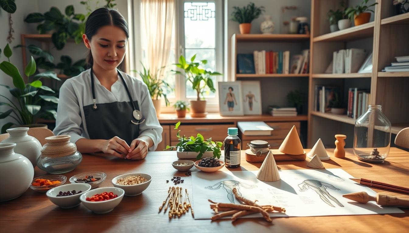 A serene herbal medicine setting illustrating traditional Chinese medicine practices for gynecological health, focusing on alleviating menstrual pain and endometriosis symptoms. In the foreground, a calm practitioner, dressed in professional attire, gently prepares herbal remedies using traditional Chinese medicinal ingredients like goji berries and ginseng on a wooden table, surrounded by delicate porcelain jars. In the middle ground, various holistic healing tools like acupuncture needles and moxibustion cones rest alongside anatomical diagrams of the female reproductive system. The background features softly lit shelves filled with plants and herbal books, creating a tranquil atmosphere. Natural light filters through a window, casting gentle shadows that enhance the peaceful mood, inviting relaxation and healing.