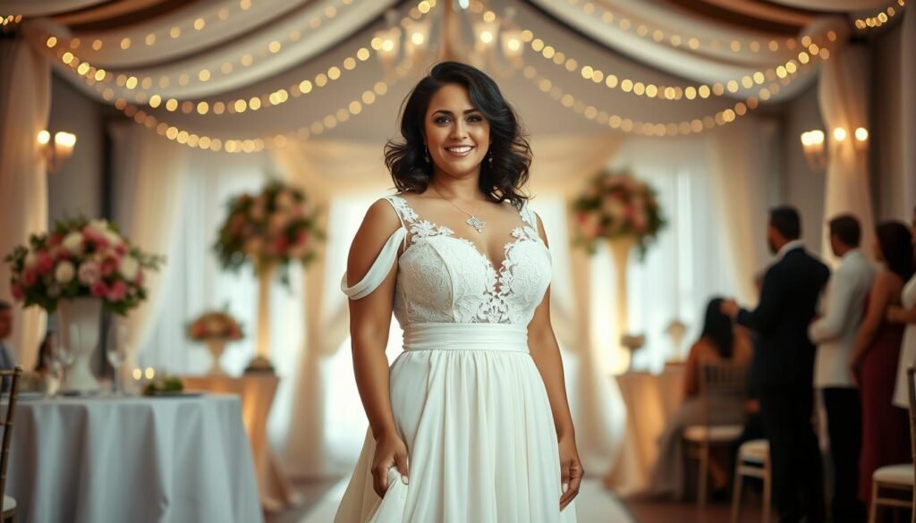 A curvy woman in an elegant wedding outfit stands between loose and fitted styles, showcasing the balance between them. In the foreground, she wears a beautifully tailored dress that flatters her figure while providing comfort, blending delicate lace details with flowing fabrics. The middle ground features a softly lit wedding venue, adorned with floral decorations and gentle ambient light, creating an intimate atmosphere. In the background, blurred silhouettes of guests are visible, highlighting the festive occasion. The scene is captured with a warm, inviting color palette, enhancing the celebratory mood. Use natural light to create soft shadows, and shoot from a slightly elevated angle for a graceful perspective.